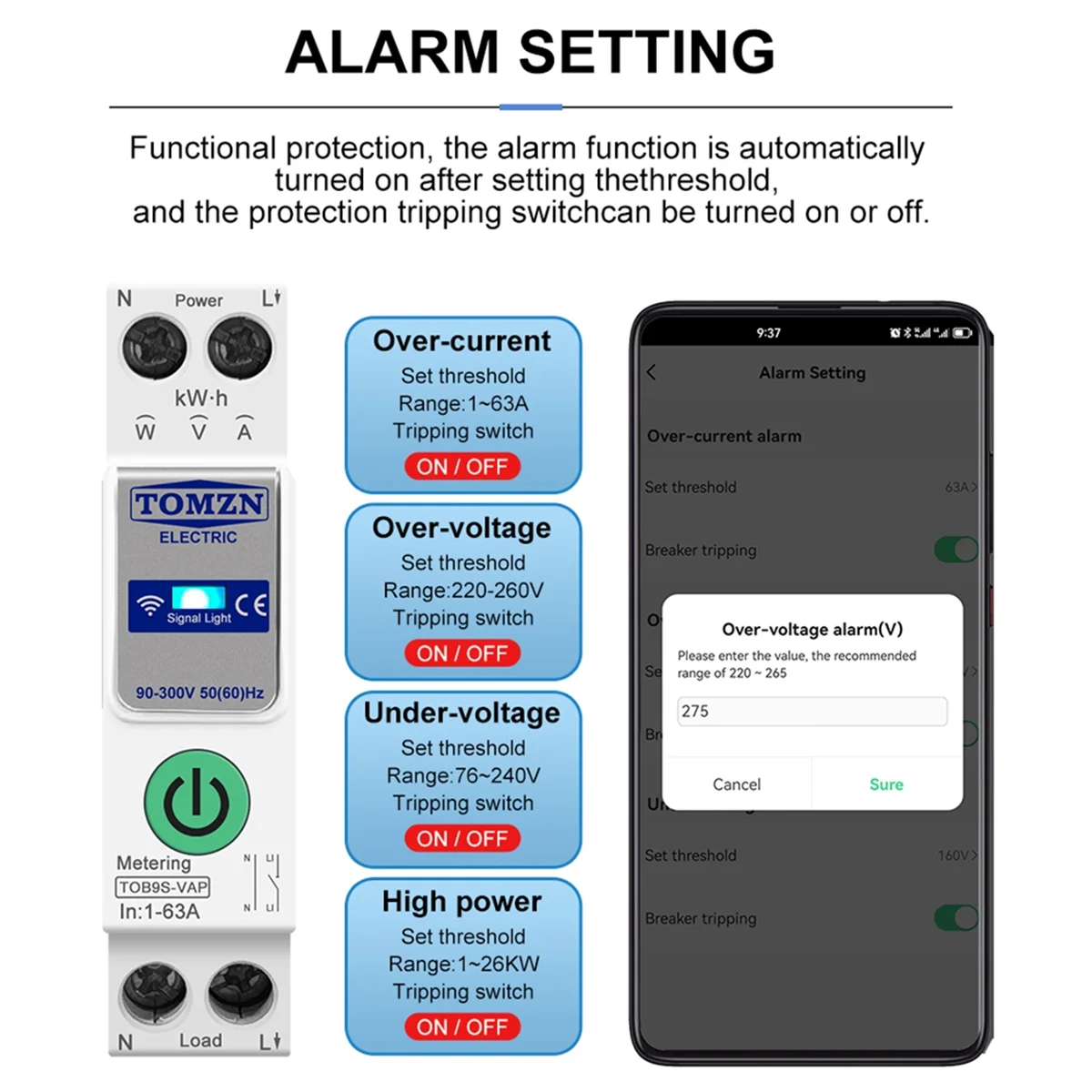 ABMO TOB9S-VAP TUYA 63A 1P + N WIFI Smart Switch Contatore di energia Kwh Misurazione Monitoraggio Interruttore Temporizzatore Relè MCB