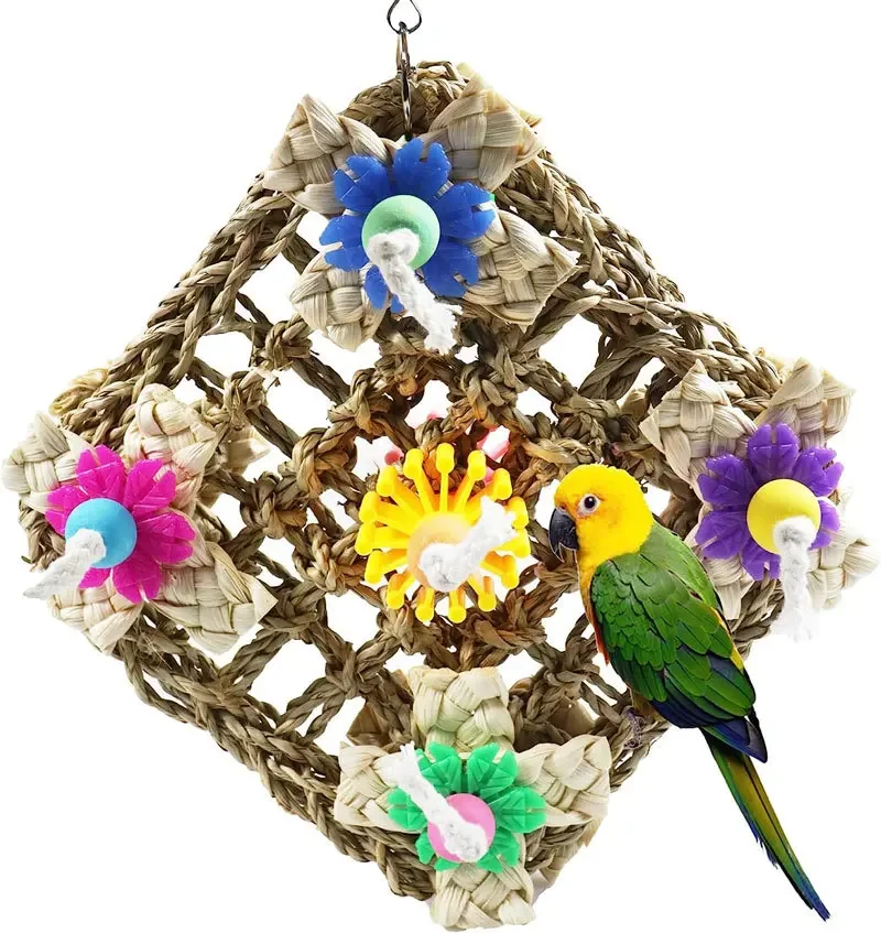 Bird Climbing Net Parrot Toys Woven Seagrass Biting Hanging Hemp Rope Swing Play Ladder Chew Foraging Funny Colorful Parrot Toys