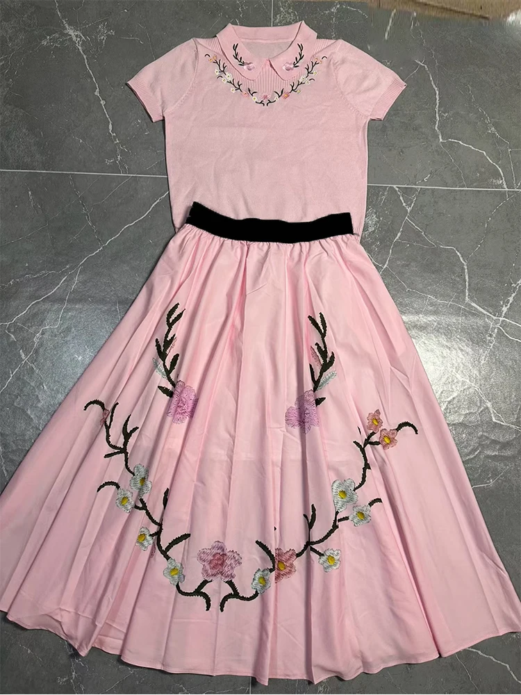 Retro Embroidered Cherry Collar Knitted Short Sleeve Hoodie Two Piece Set 2026 Summer Women's Wear+Loose Half Skirt Fashion Set