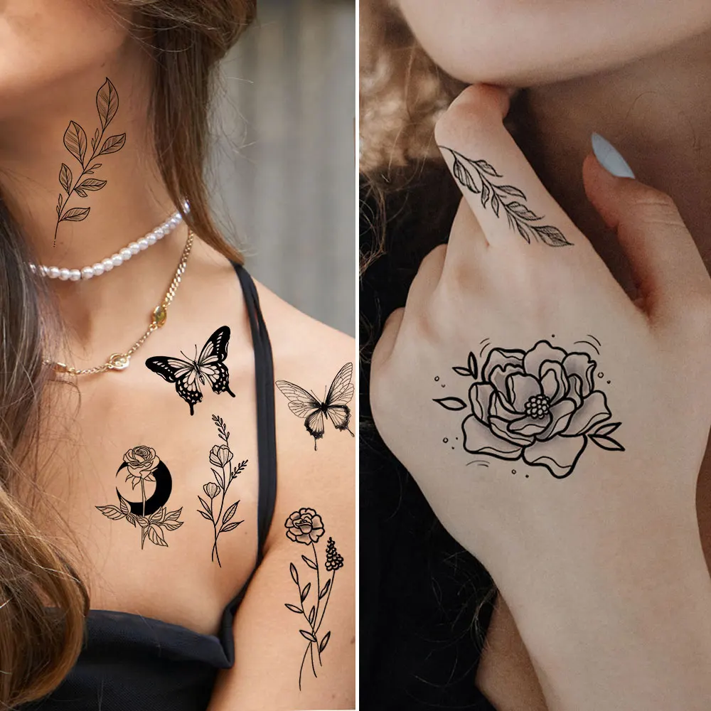 6Pcs Flower Temporary Tattoos for Hand Body Floral Butterfly Feather Tattoo Sticker for Women Men Finger Fake Tattoo Waterproof