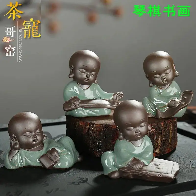 Ge Kiln Tea Play Music Chess Calligraphy Painting Maitreya Buddha Statue Purple Clay Tea Pet