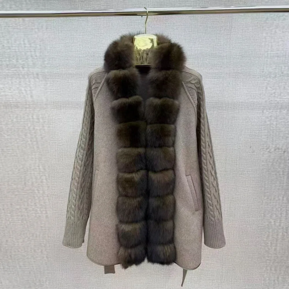 Women's Wool-Blend Coat with Fox Fur Collar and Knitted Panels – 2026 Autumn/Winter New Stylish Wool Coat