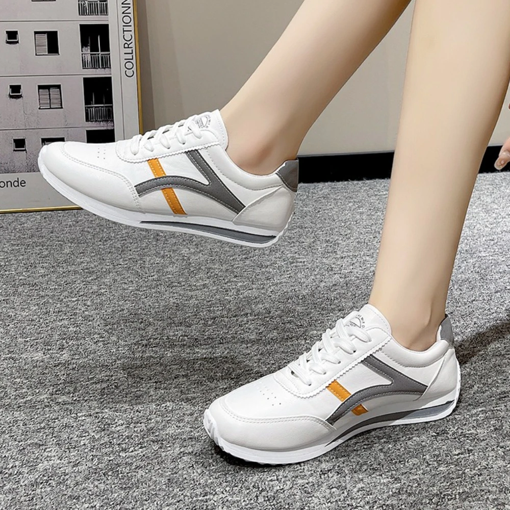 أحذية رياضية مريحة من الجلد للنساء، أحذية بيضاء صغيرة، أحذية رياضية مريحة برأس مستدير وأربطة أمامية، أحذية رياضية للجري #4