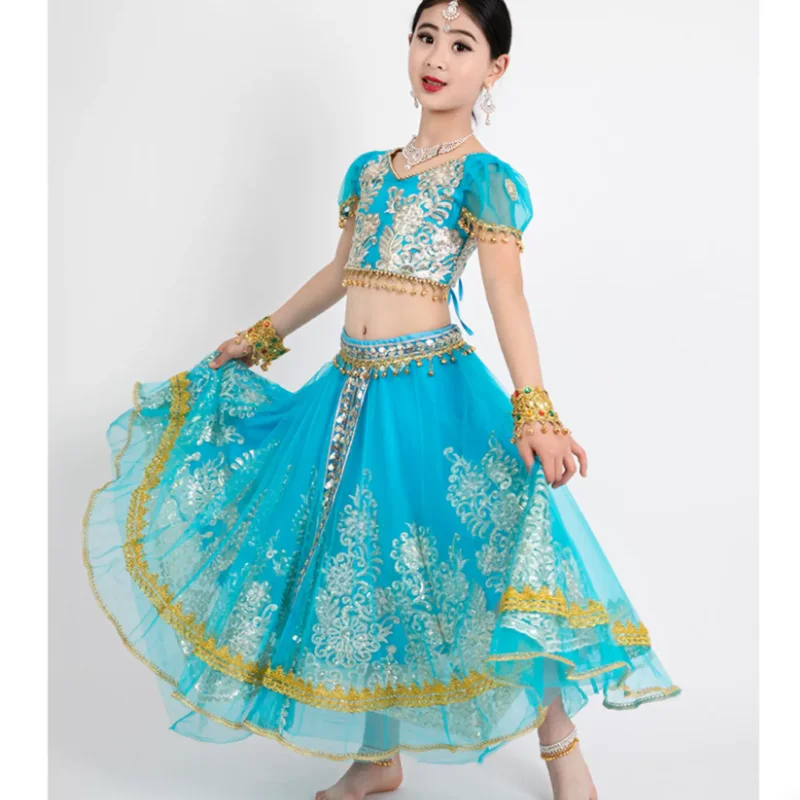 Indian Dance Costume Lengha Set Children's Embroidery Mesh Performance Costume