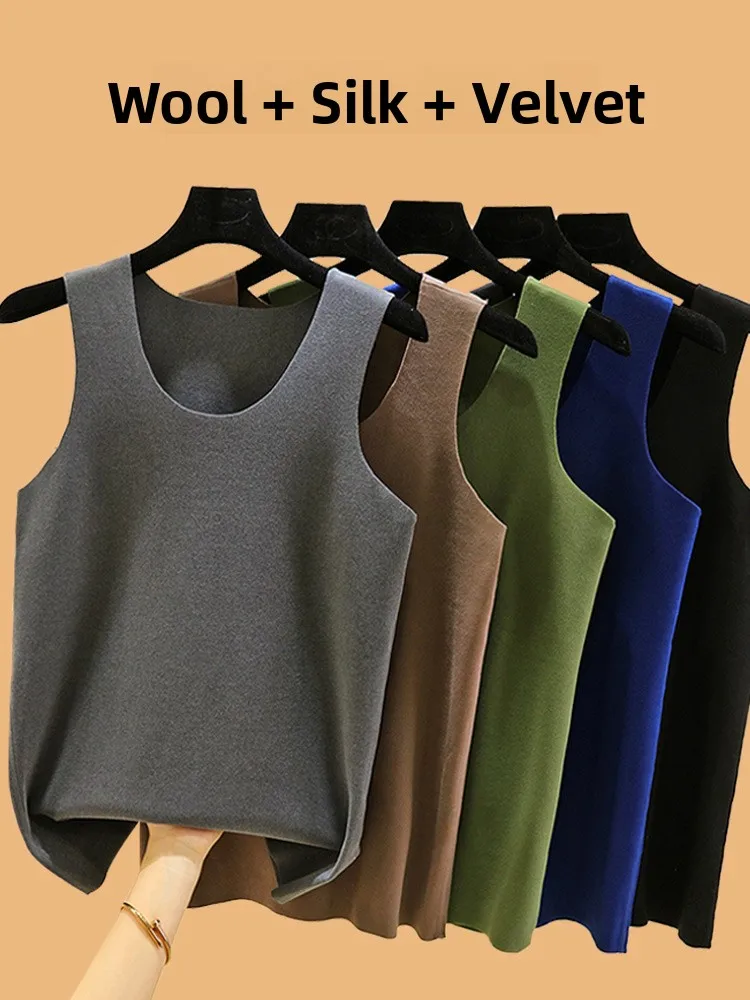 

Men's Silk Velvet Seamless Vest Winter Warm Sleeveless Fleece Lined Thickened Base Layer Shirt Inner Wear Home Clothes