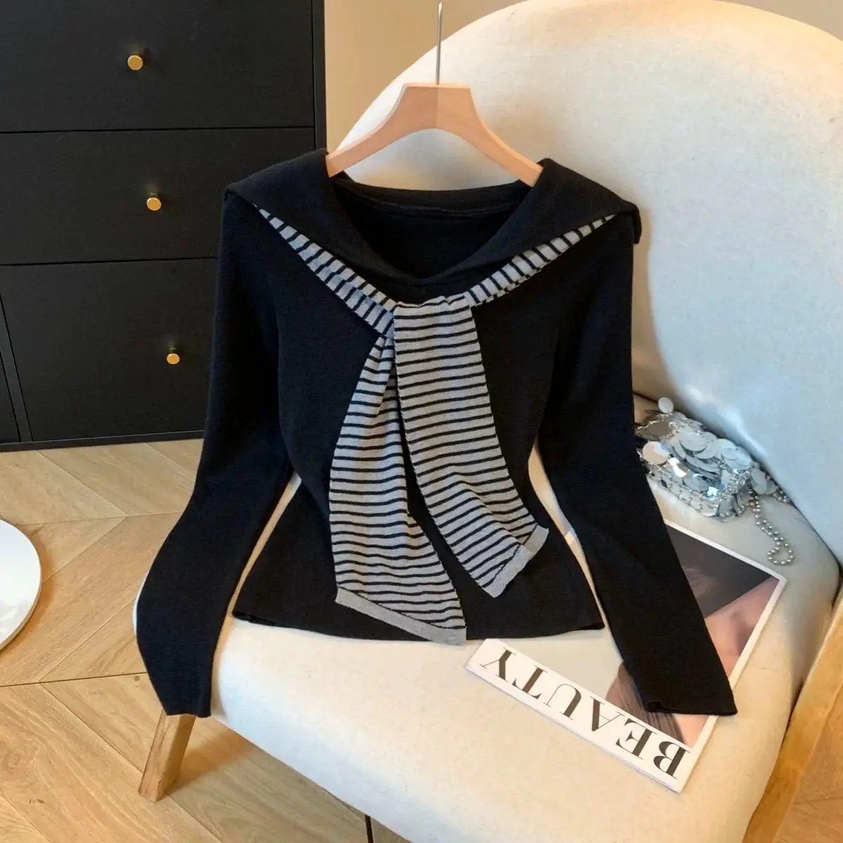 

Autumn Korean Style Youthful Collar Slimming Long Sleeve Top Fake Two-Piece Striped Shawl Knitted Sweater Women Early