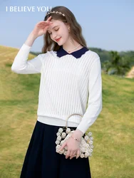 I BELIEVE YOU Blouse Womens 2023 Spring French Gentle Doll Collar Knitted T-shirts for Women Pullover Long Sleeve Top 2231144883