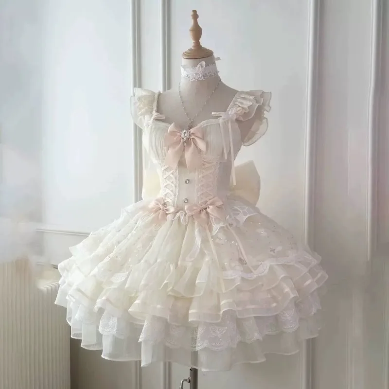 2025 Summer New Cute Birthday Princess Dress Japanese Lolita Sweet Slim  Waist Dresses Aesthetic Bow Lace Up Party Short Dress - AliExpress 200000345
