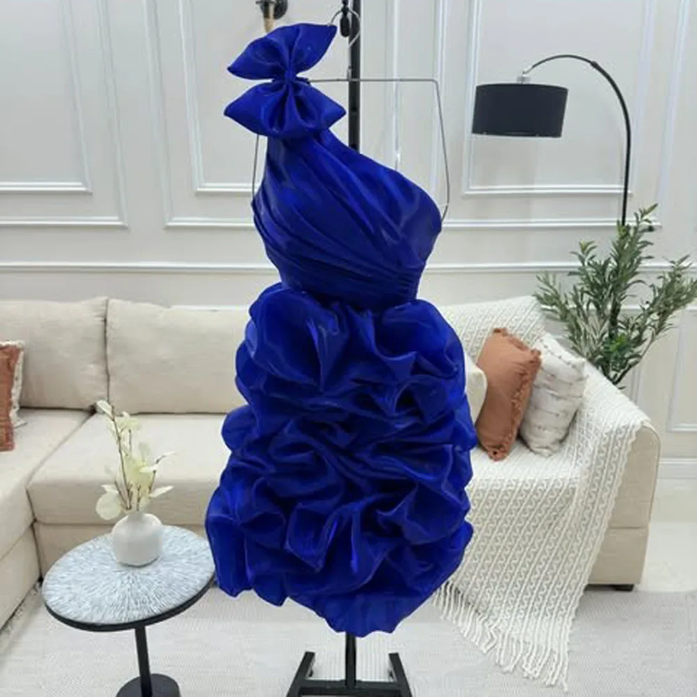 Real Image Royal Blue Ruched Organza Midi Women Dresses One Shoulder Pleated Women Date Dress Birthday Party Dress