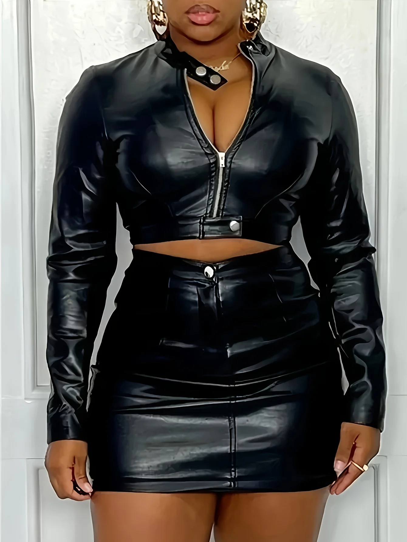 

Повседневный однотонный лоскутный комплект из двух предметов с воротником-молнией и длинными рукавами