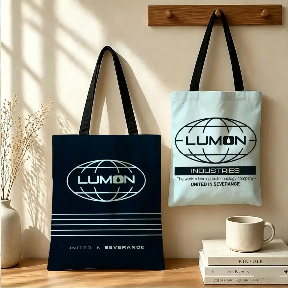 L-Lumon S-Severance Storage Bags Large Capacity Canvas Tote Bag Double-Sided Print Shoulder Handbag for Daily Shopping