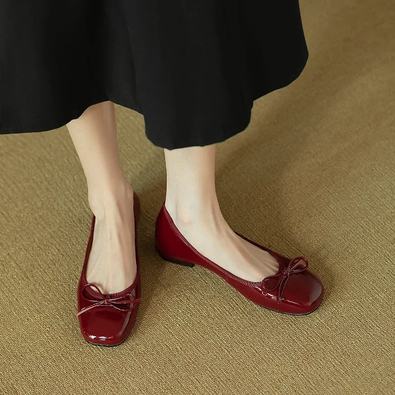 Women Retro Gentle Bowknot Flat Shoes Korean Fashion Elegant Red Square Toe Stiletto Pumps Autumn Dress Loafer Casual Shoes