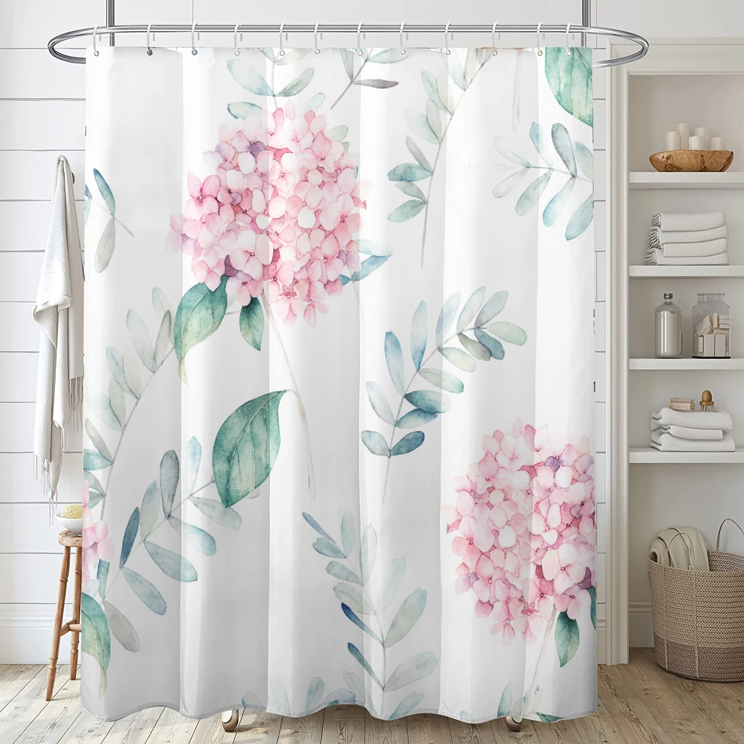 1 set of pink embroidered ball and green leaf printed shower curtains, summer style, with 12 hooks and bathroom floor mats