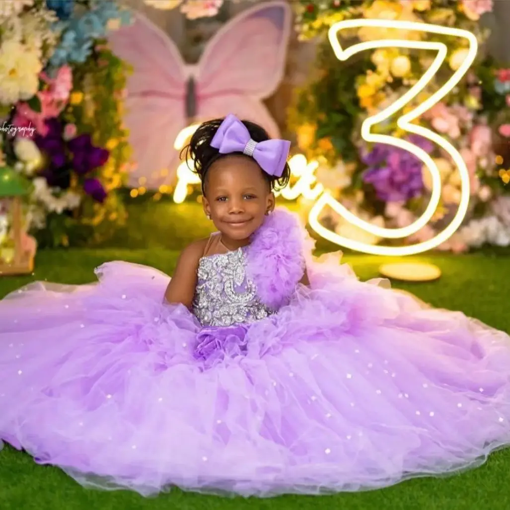 Lavender Girls Birthday Party Dresses Princess Beaded Customized Flower Girl Dresses Baby Kids Ball Gowns for Photo Shoot