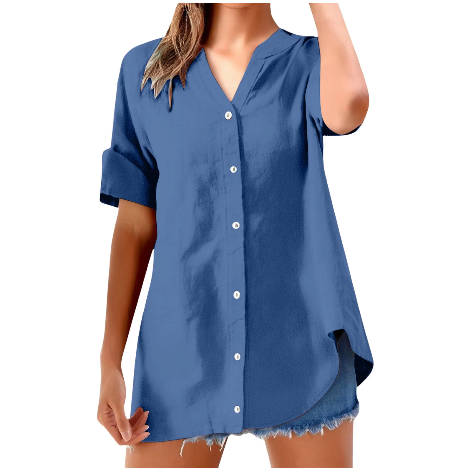 

Women Cotton Linen Shirts Spring And Summer Loose V Neck Button Short Sleeve Blouse Casual Button Shirt Tops For Women Blusas
