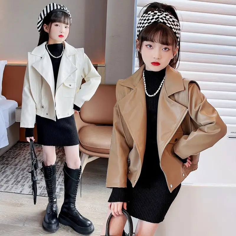 

Girl Top 2023 Spring Autumn Korean Fashion Style Leather Jacket Baby Girl Casual Long Sleeve Top Children Clothes Outerwear