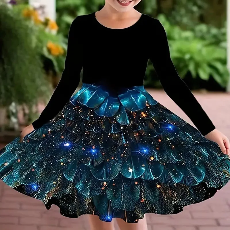 Robe à manches longues pour filles, vêtements de danse de Ballet, imprimé plumes de paon, Costume de spectacle de fête tendance, nouveau Style