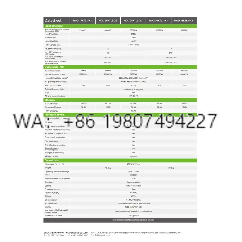for Growatt On Grid Inverter MOD 17-33KTL3-X3 17kw 20kw 25kw 30kw 33kw Three Phase Solar Power Converter