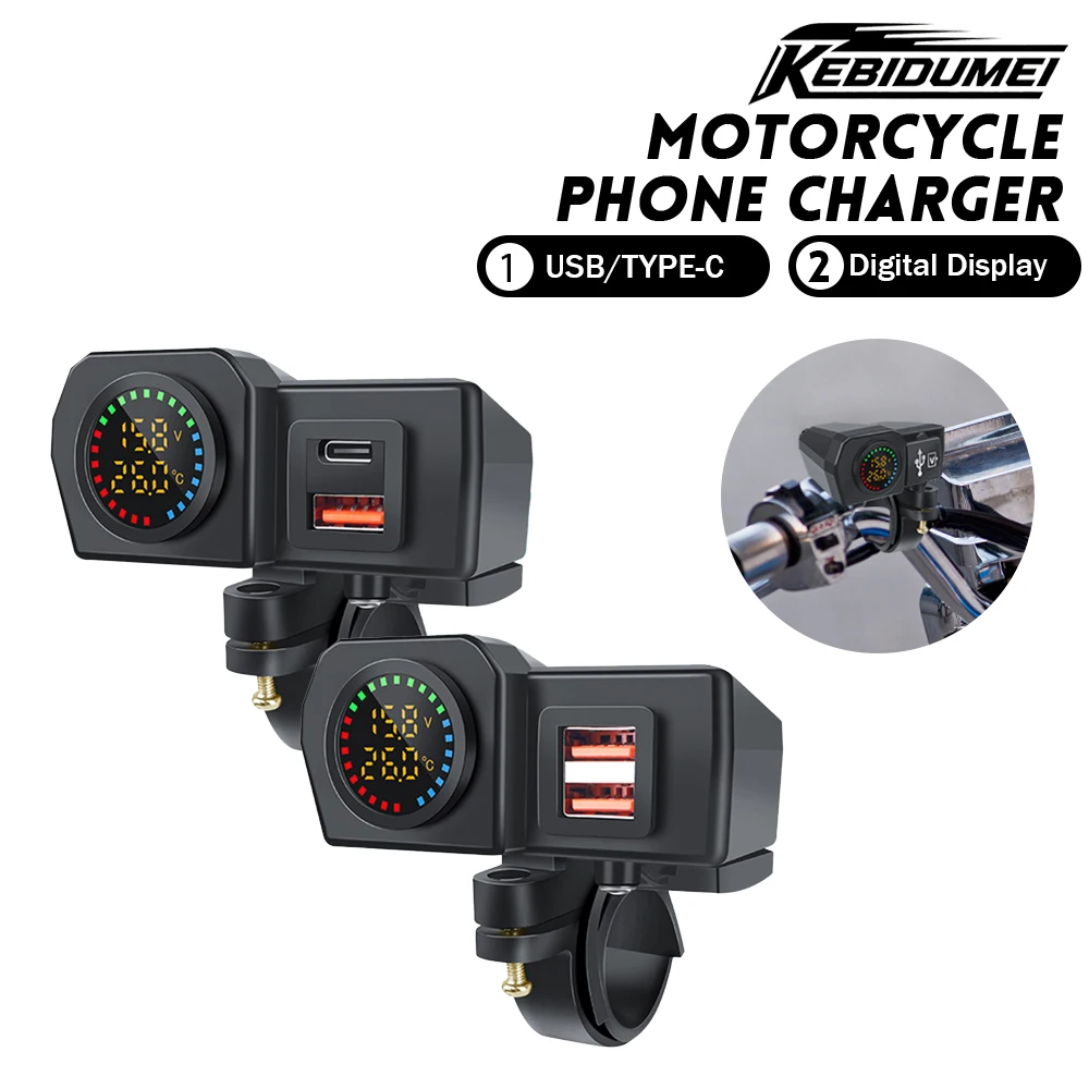 

KEBIDUMEI Motorcycle Charger PD QC3.0 Handlebar Socket With Temperature Volt Display Power Supply Adapter Motorcycle Accessories