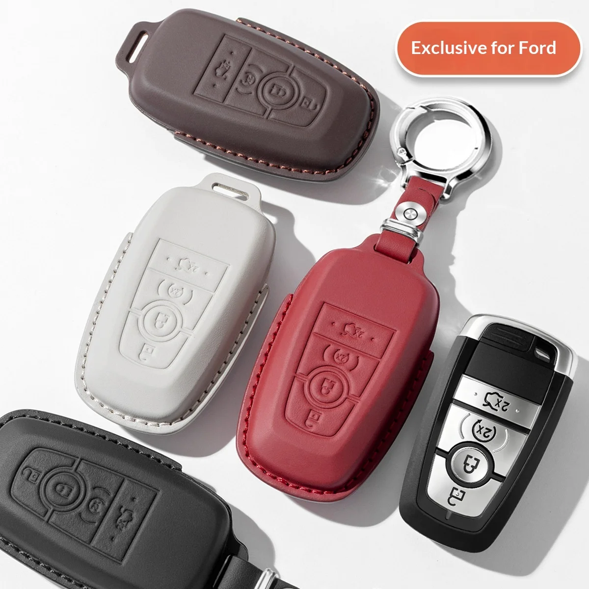 For Ford 2026 Edge Mondeo Bronco Explorer Escape Kuga Genuine Leather Key Fob Cover Full Wrap Protective Shell With Keychain
