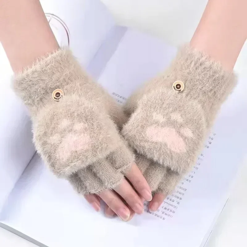 Guantes gruesos de lana de punto para mujer, manoplas cálidas con tapa de medio dedo, bonitos guantes de felpa con Pata de Gato, a la moda, Otoño e