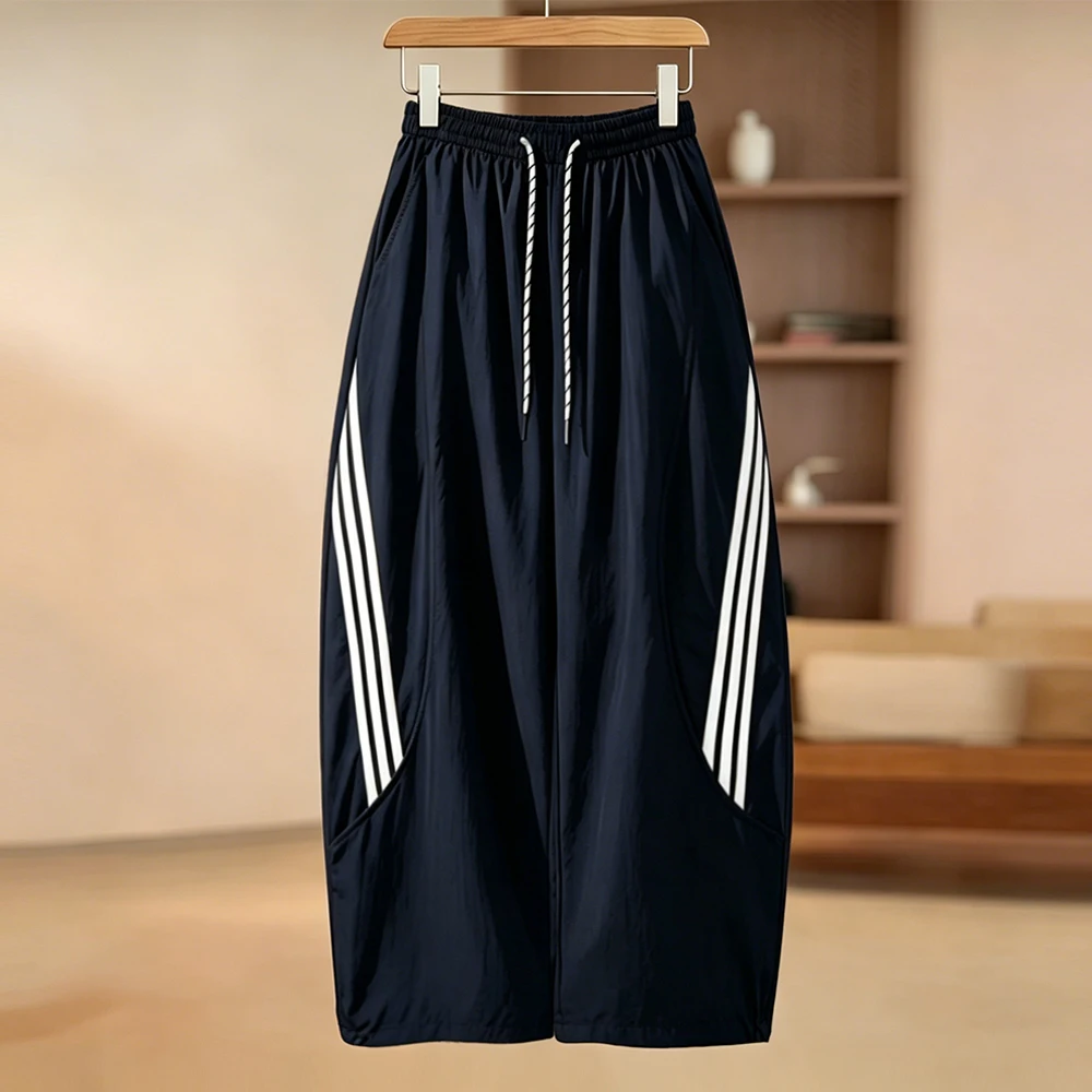 Quick Dry Wide Leg Pants Women's Summer New Large Size Casual Sports Striped Loose Fit High Waist Straight Tube Trousers