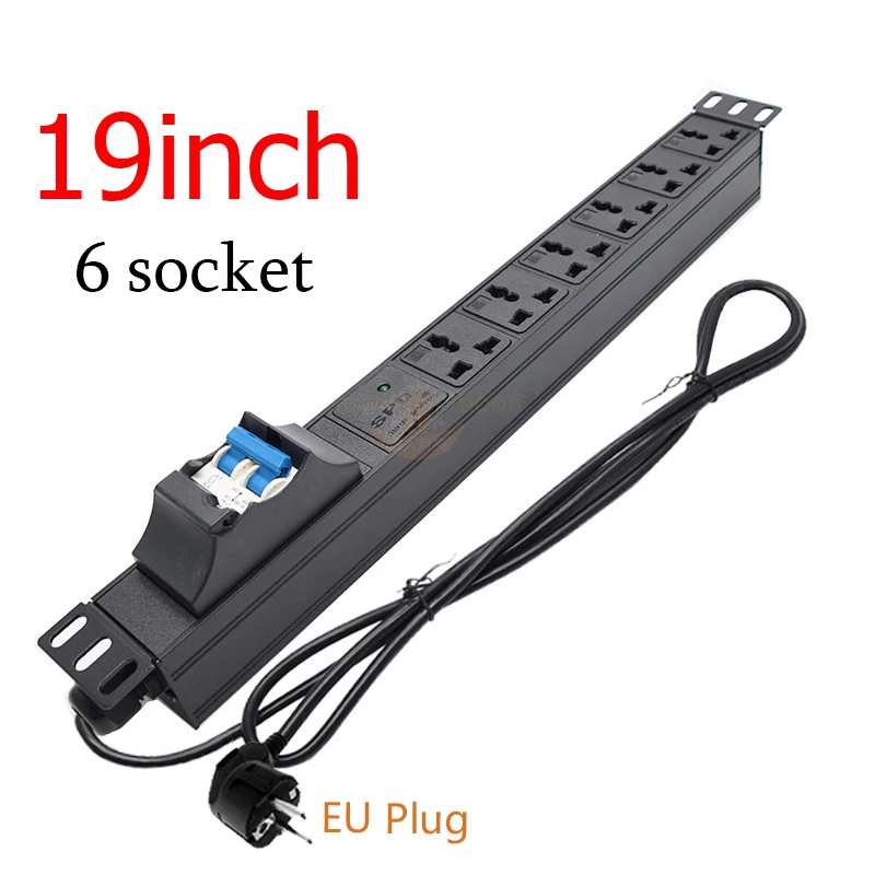 19Inch Cabinet rack Mount aluminum alloy PDU Power Strip 3500W 16A breaker 6Ways Universal Socket Outelts 1.5/3/5Meter Cord