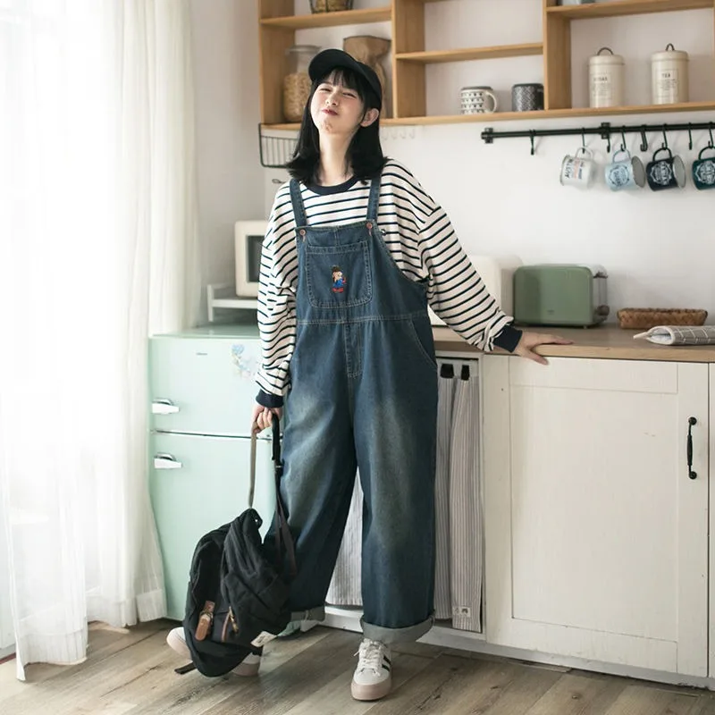 

Japanese Style Loose Casual College Style Denim Jumpsuits Overalls for Women Students Girls Teens Fashion Cute Blue Jeans Romper