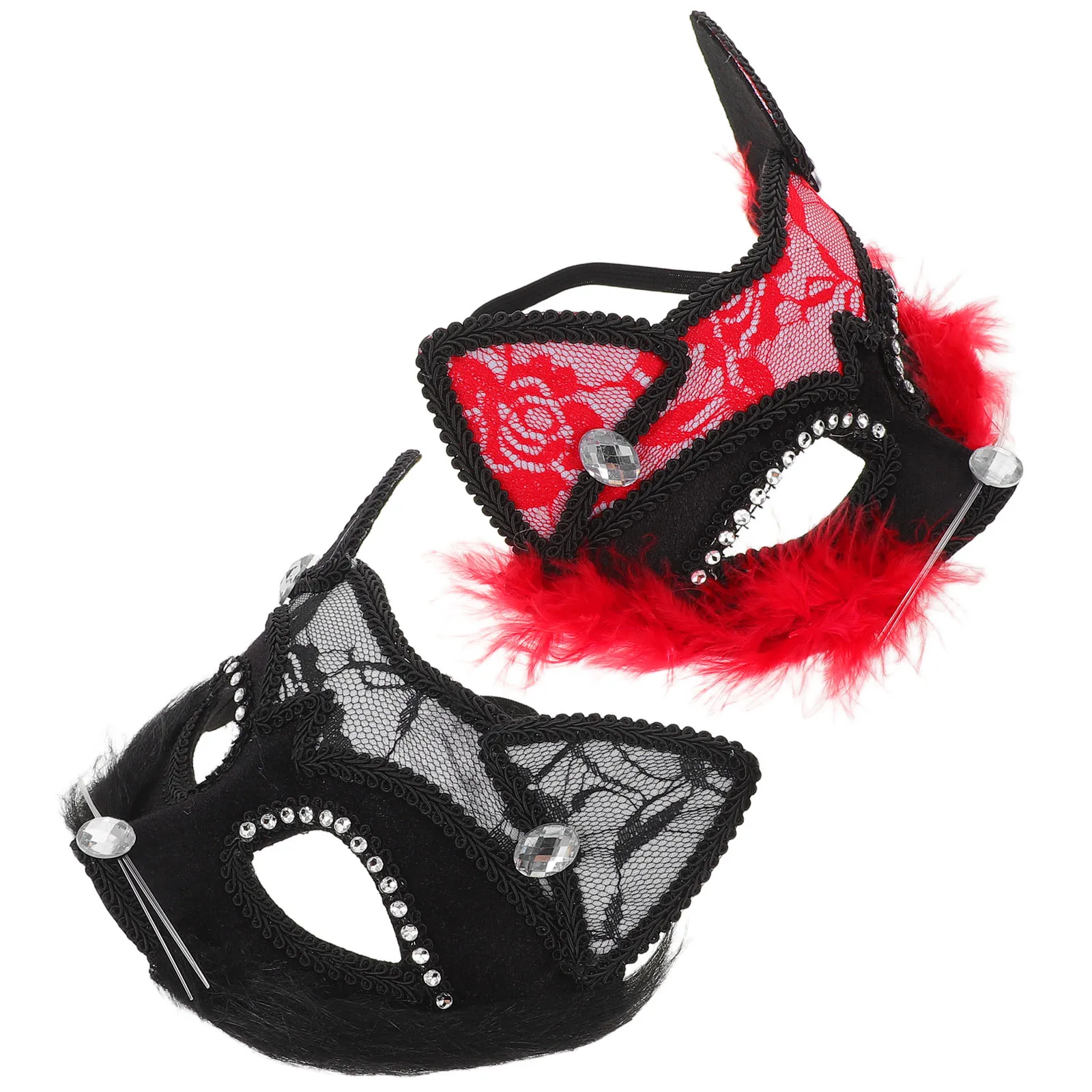 

2Pcs Masquerade Cat Mask Lace Halloween Women Costume Accessory Elegant Design Comfortable Wear Adjustable Strap Party