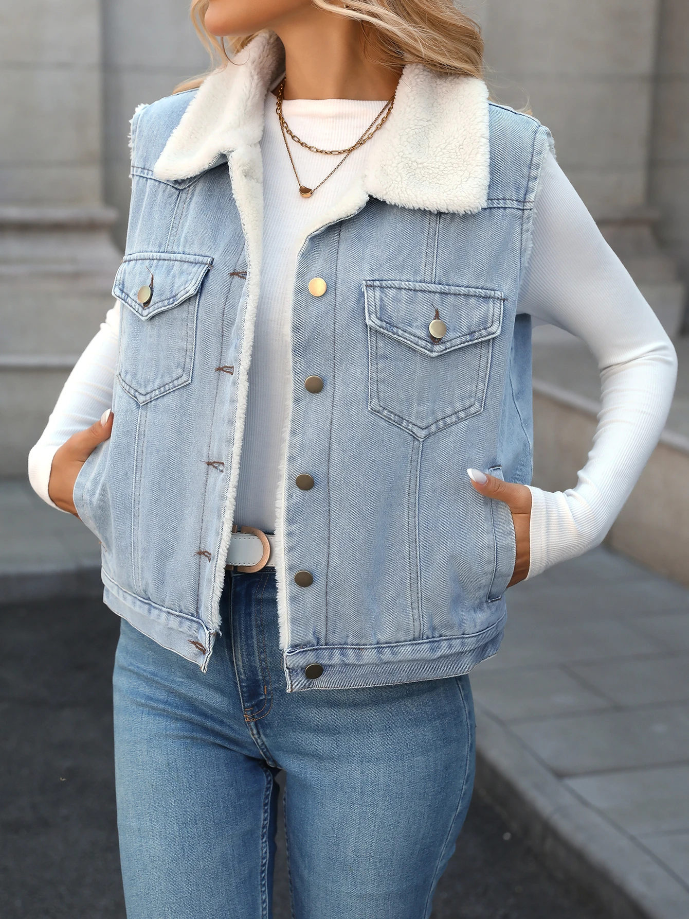 FTLZZ Autumn Winter Casual Lady Warm Sleeveless Button Sherpa Vest Jacket Women Fuzzy Fleece Denim Vest Coat