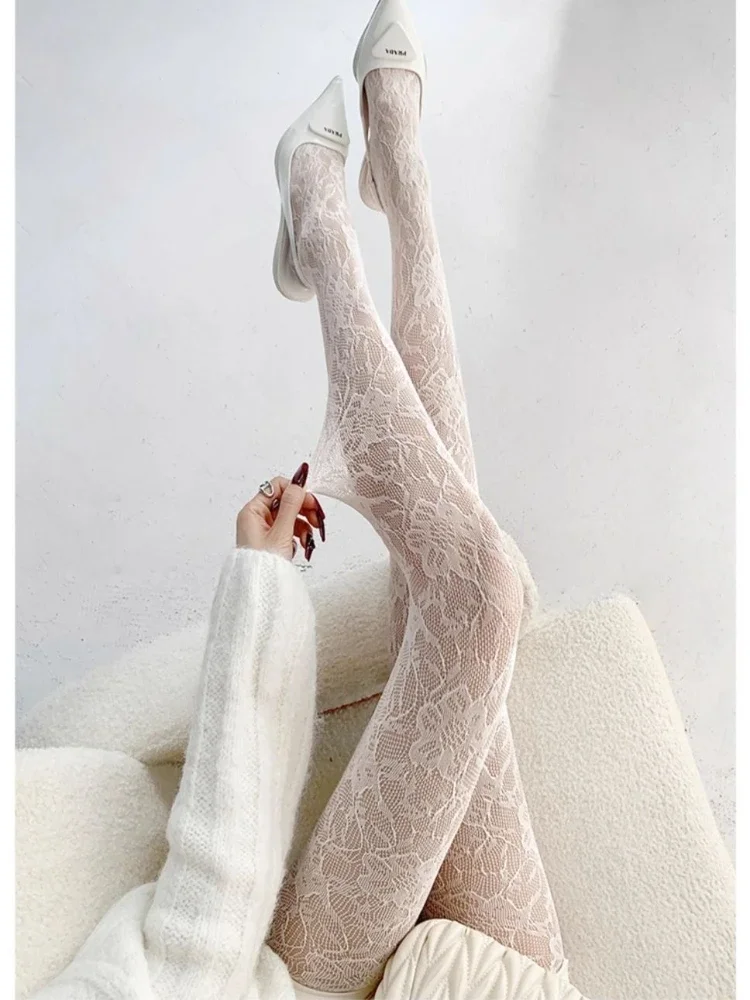 White Socks Women Sexy Fishnet Stockings Femme Summer Thin Flower Mesh Pantyhose Elastic Slimming High Waist Hollow Out Tights