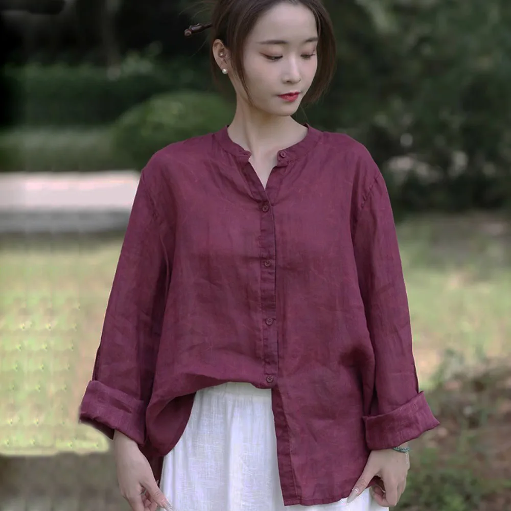 

Women's Cotton Linen Tunic Tops Lightweight Summer Button Down Elegant Long Sleeve Artistic Retro Lrregular Ramie Blouse Shirt