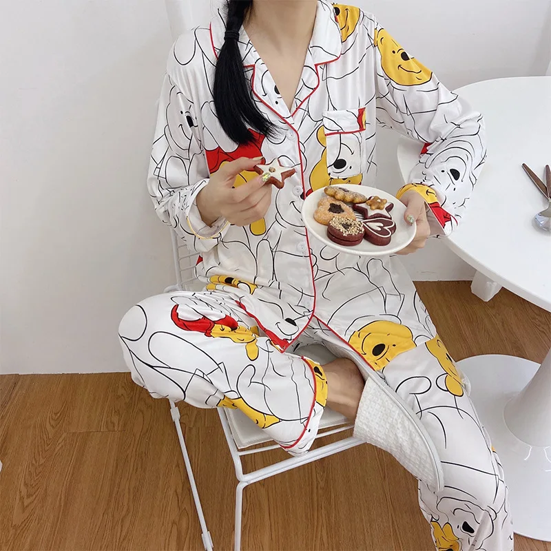 Pajamas Women\'s DisneySpring Autumn Student Pajamas Long Sleeve Long Pants Cardigan Cartoon Pajamas Household Suit 2 Pieces Set