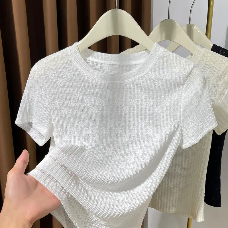 

Летняя женская футболка больших размеров из кружева, новая, тонкая, облегающая, с круглым вырезом, китайского производства