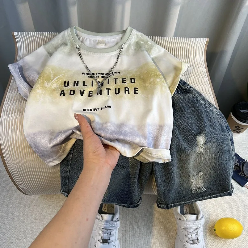 

Teenage Korean Children's Clothes Baby Outfits Fashion Children Boys Shirt Denim Shorts 2025 Casual Kids Tracksuits 2Pcs Sets