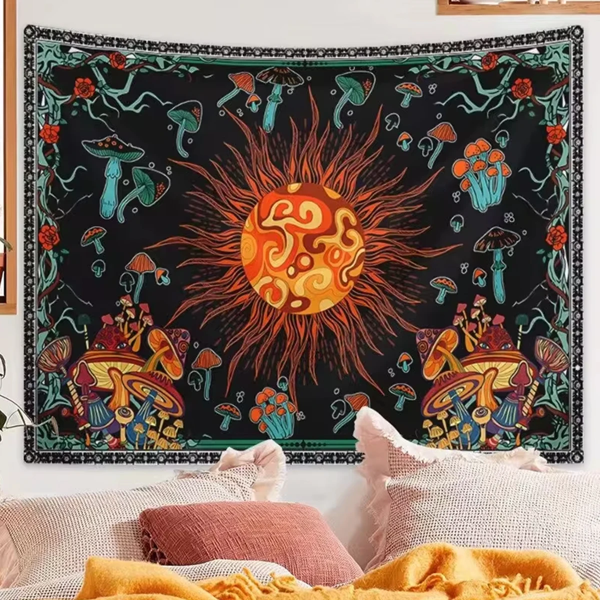 1pc A Large Fantasy Mandala Flower and Plant Tapestry Adorned with Eerie Eyes and A Background Cloth Burning in The Sun