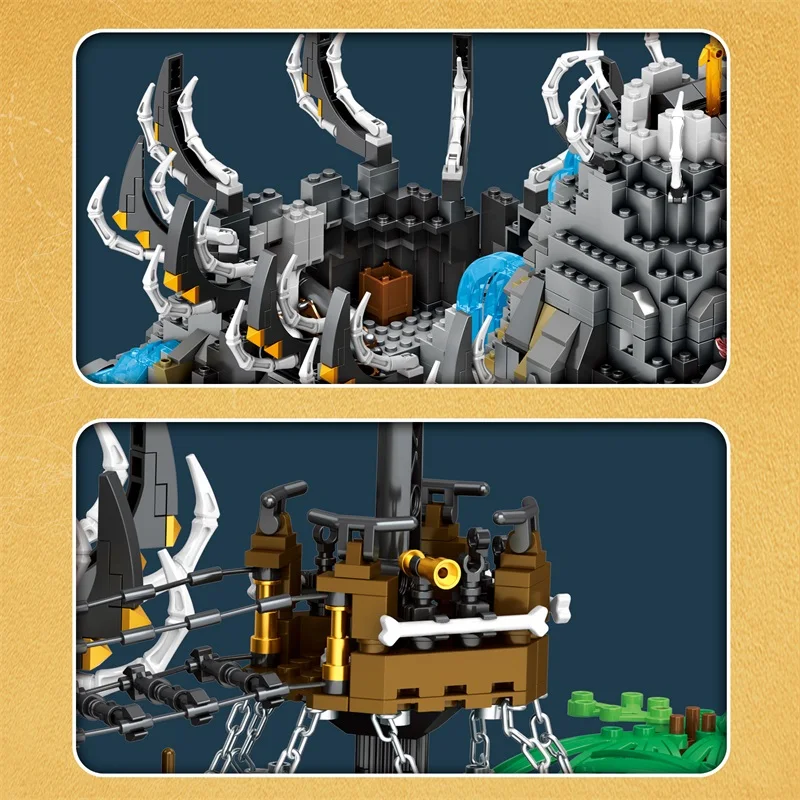 Reobrix – ensemble de blocs de construction d'île de crâne de Pirate Bay, scène de crique au trésor fantastique sombre, décor de modèle de Puzzle avancé pour adultes