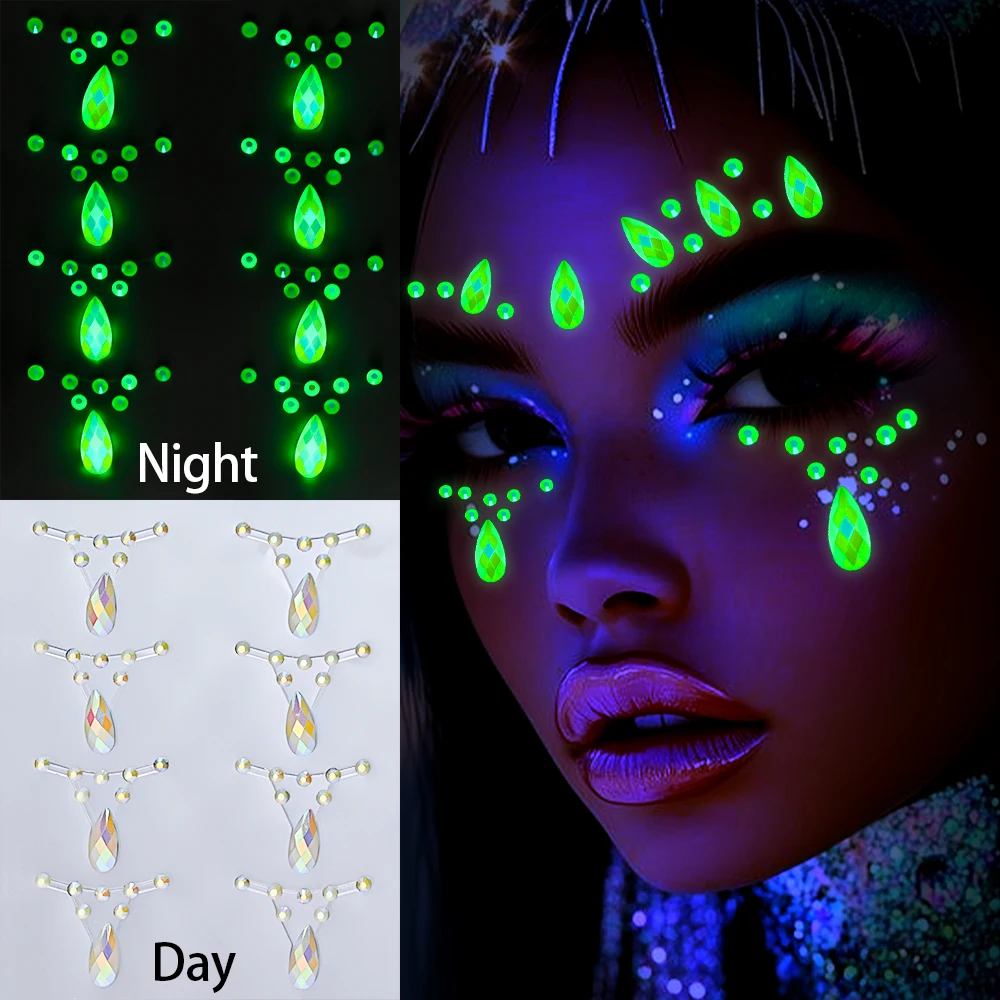1 قطعة ثلاثية الأبعاد توهج في الظلام الراين الوجه ملصق الوجه الأحجار الكريمة جواهر ملصقات الماس ملصقات مشرقة للمهرجانات اكسسوارات الحفلات