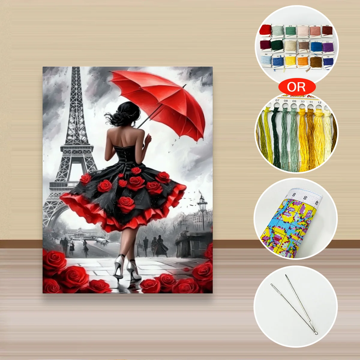 1 Stück 30x40 cm/11,8x15,7 Zoll, 11Ct/14Ct Kreuzstich-Set, DIY Valentinstagsgeschenk, Stickerei-Set für Festlichkeiten, Eiffelturm Rotes Kleid – Detail 2