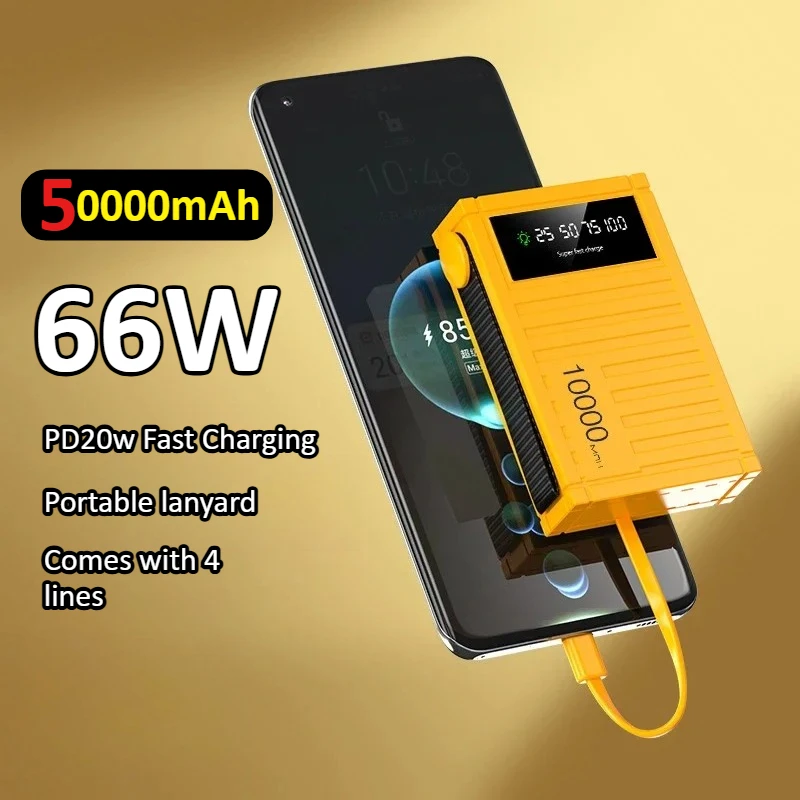 

Портативный внешний аккумулятор PD22.5w, запасной аккумулятор большой емкости 50000 мАч, встроенный 4 кабеля для IPhone, Samsung, Xiaomi, Huawei