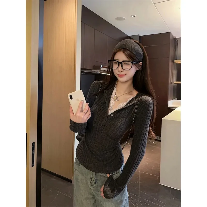 Hot girl pure desire fake two-piece niche lace splicing sweater female winter design unique slim bottoming top