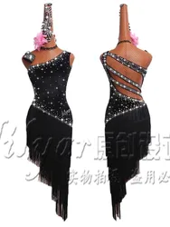 Latin Competition Performance Women's Dance Dress Black Velvet Slant Shoulder Tassel Skirt