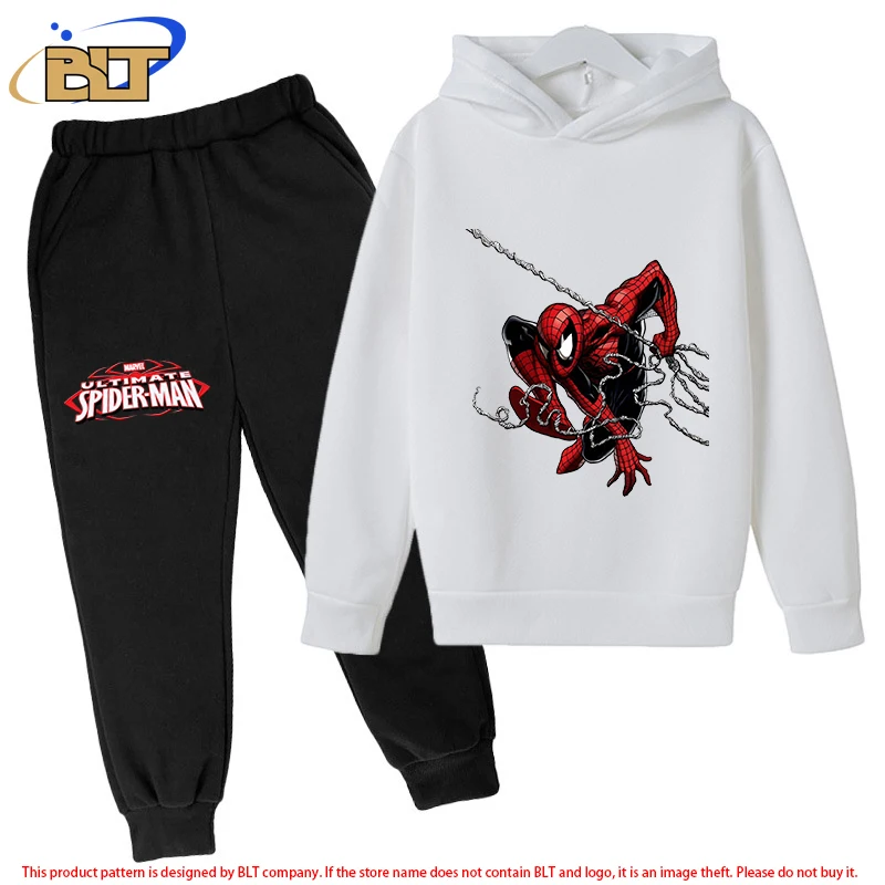 Spider-Man children's fleece hoodie suit white sports sweatshirt pants two-piece suit for boys and girls