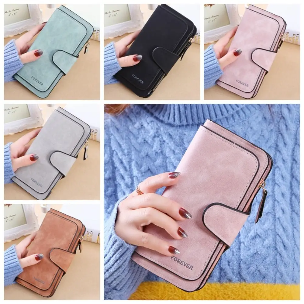 

Simple Frosted Three Folding Wallet Hasp Zipper Credit Card Bag Long Phone Bag PU Leather Coin Purse Female