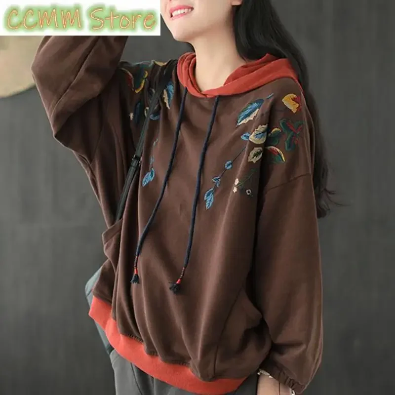 Fashion Hooded Pockets Folds Embroidery Hoodies Female Clothing Autumn New Casual Tops Loose Commute Sweatshirts