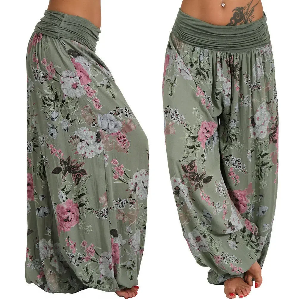 Women Bohemian Floral Print Pants Mid Waist Vintage Harem Pants Elastic Waist Boho Beach  Long Trousers Plus Size 5Xl 2025