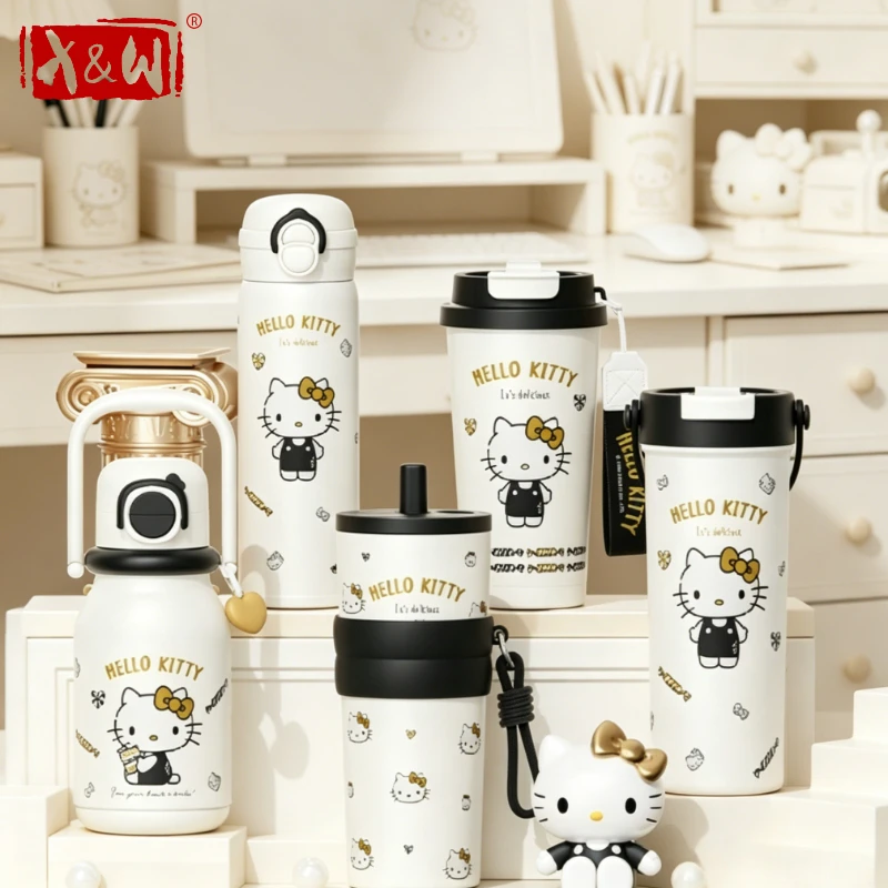 

X&W Black & Gold Hello Kitty Series Insulated Cup 316 Stainless Steel Cute Vaccum Flask Cold Hot Coffee Straw Cup Exquisite Gift