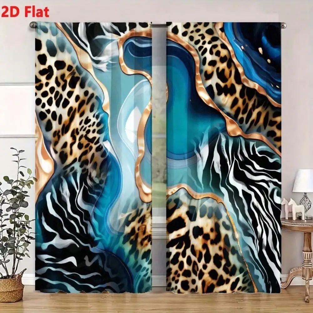 2pcs Teal Blue Glossy Abstract Animal Print Curtains | Leopard Zebra Pattern With Golden Outlines, Modern Opulent Fluid Design