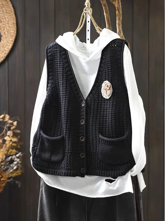 Ceco de Hilo de Aodón Tejido a Mano para Mujer, Hoado, Informal, con Doble Bolsillo, Cuello en V, para la Temporada de...