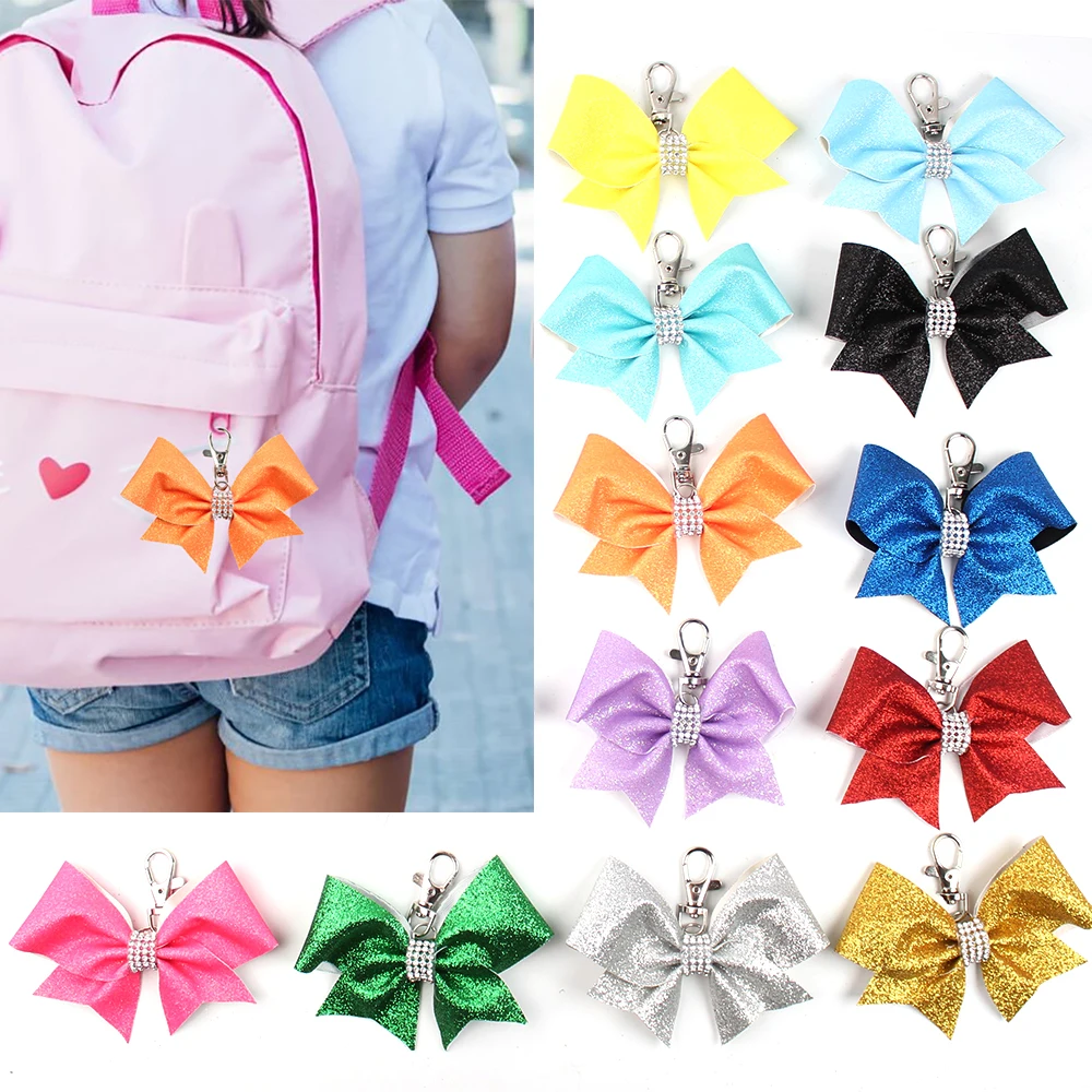 free shipping 12pcs sport solid color glitter cheer bow keychain two tone glitter cheer keyring beautiful boutique bag decoratio